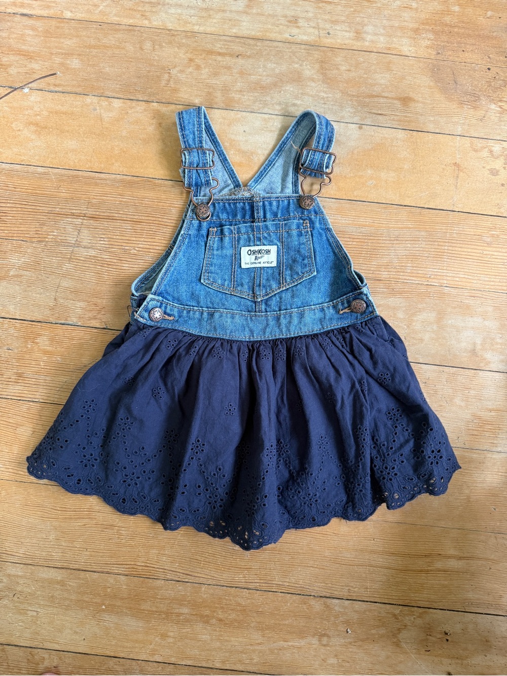 OshKosh Denim and Navy Eyelet Skirt Overall Dress